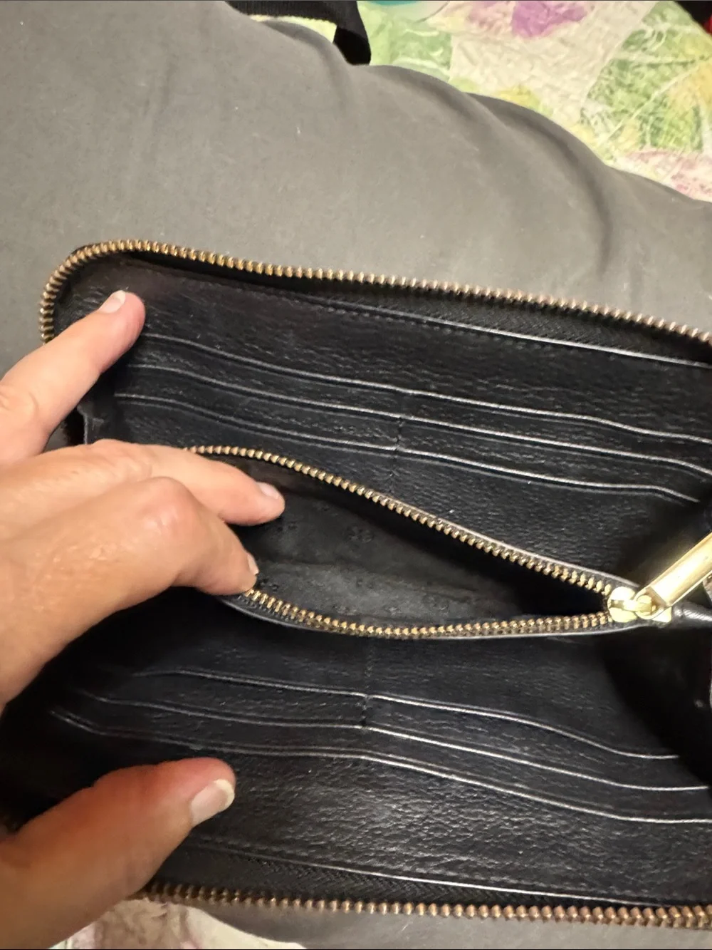 Tory Burch Black Pebbled Leather Zip Around Wallet with Gold Logo